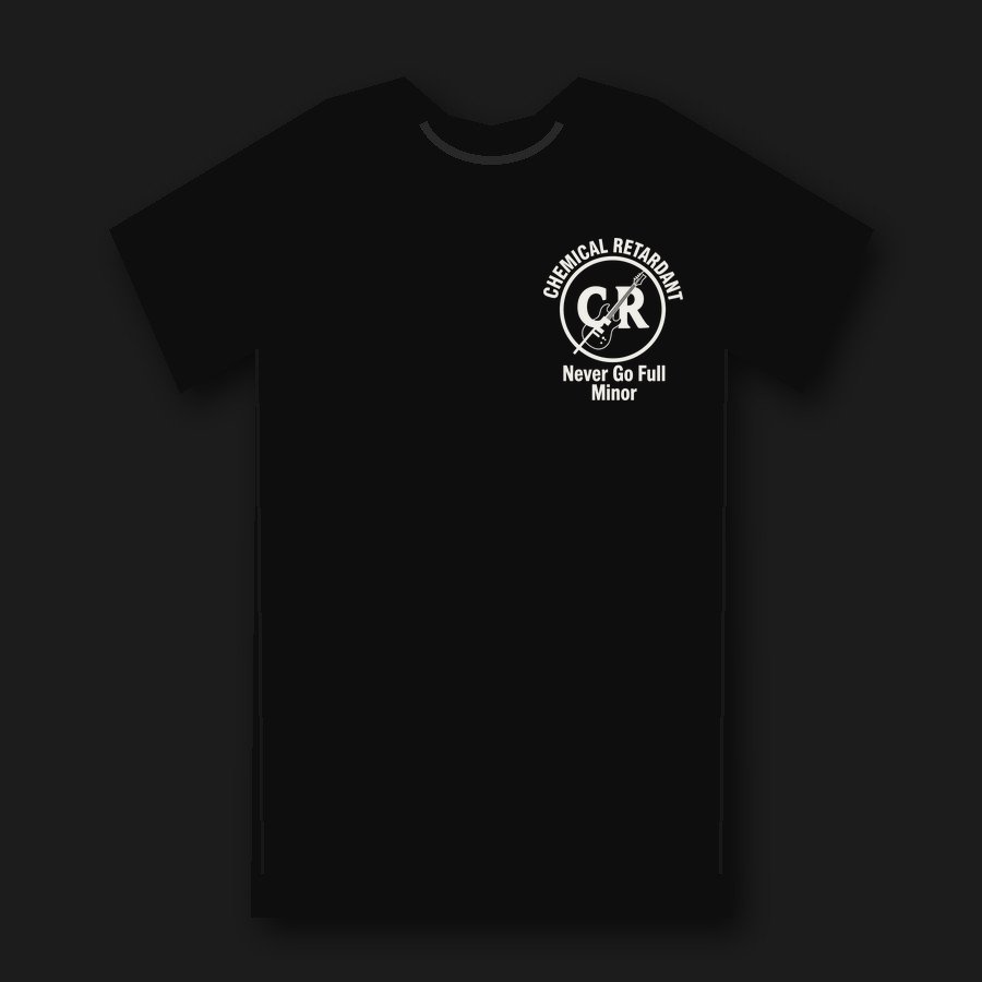 Mockup, front: black tee with the Chemical Retardant logo small on the left chest