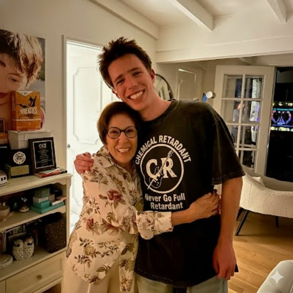 The bassist in a Chemical Retardant tee hugging his grandma