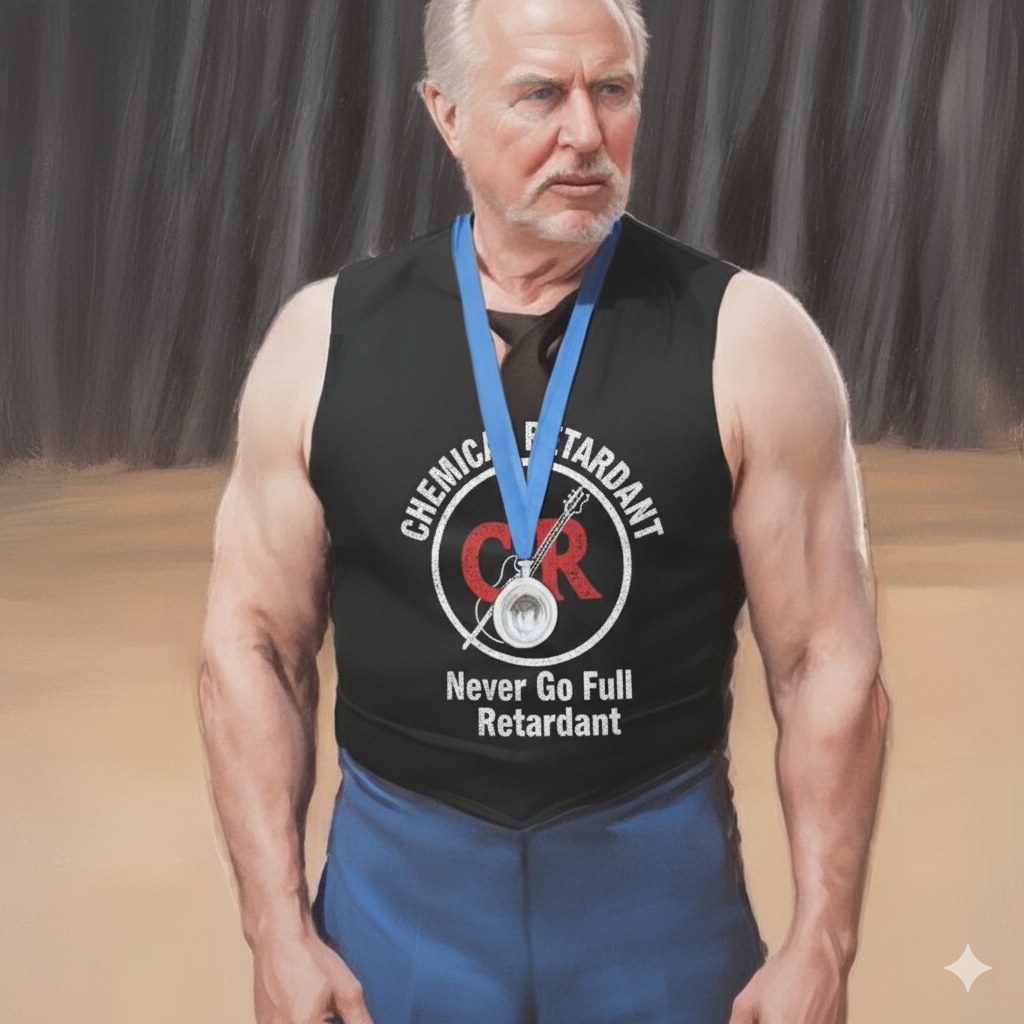 The manager wearing a sleeveless Chemical Retardant shirt and a medal